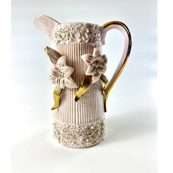 Vintage Ornate Pink Pitcher Vase With Gold Flower Details Hollywood Regency - Picture 1 of 11